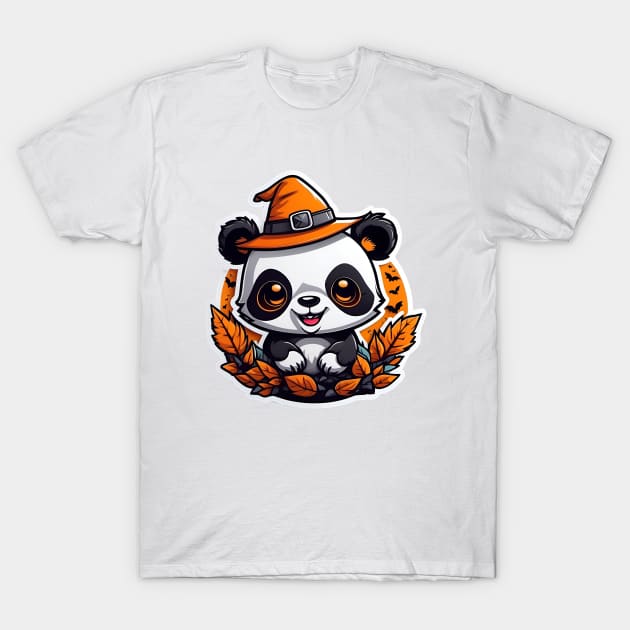 A adorable panda bear wearing a witch hat, halloween art T-Shirt by CreativeXpro